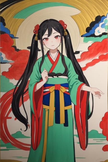 21568-319964394-masterpiece, best quality,1girl, dunhuang,   long hair, looking at viewer, twintails, black hair, hanfu,  traditional media,.png